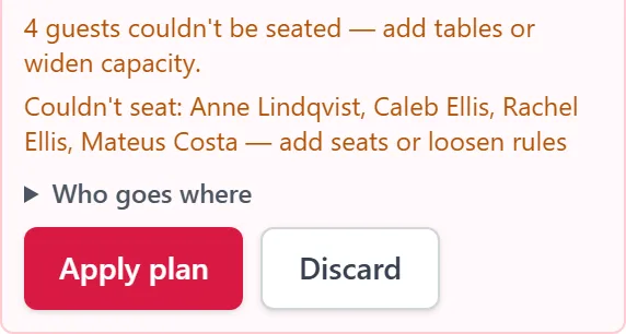 The seat-everyone preview naming the four guests it couldn't seat, above Apply plan and Discard.