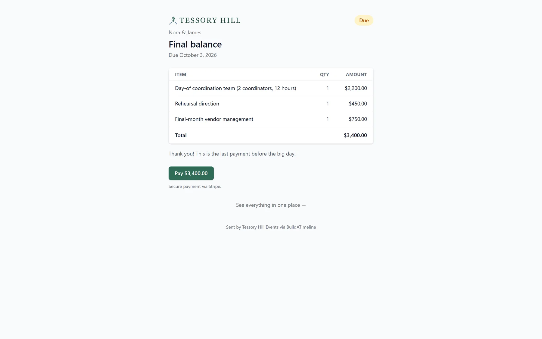 A client invoice under the studio's logo: a final balance with its line items and a Pay button.
