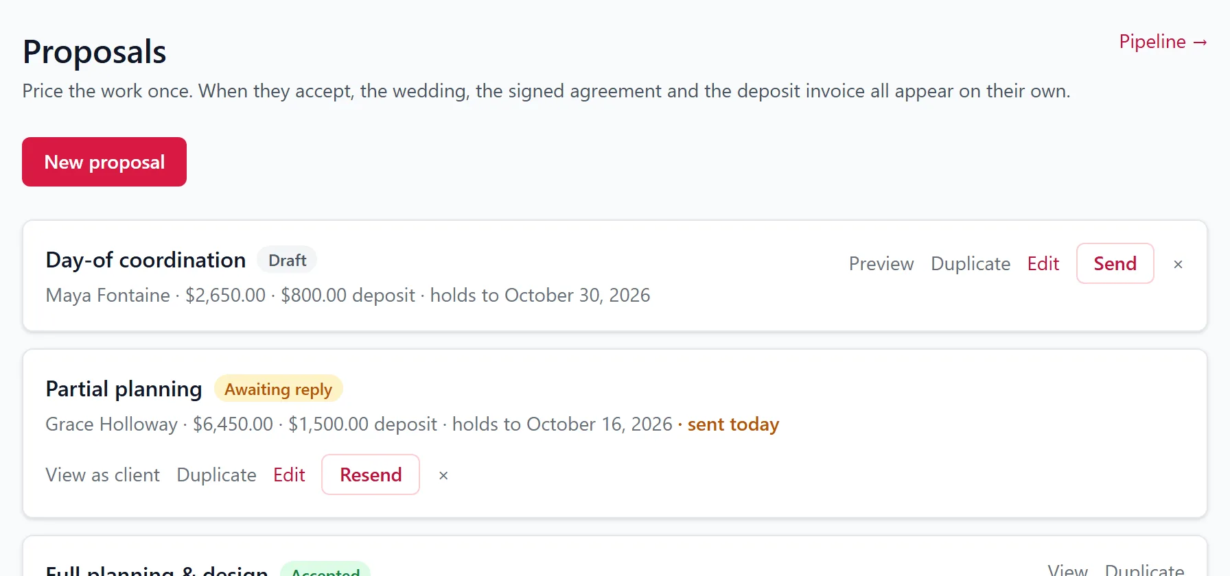 The proposals board: a draft, a proposal awaiting a reply, and one accepted with a link to open the wedding it created.