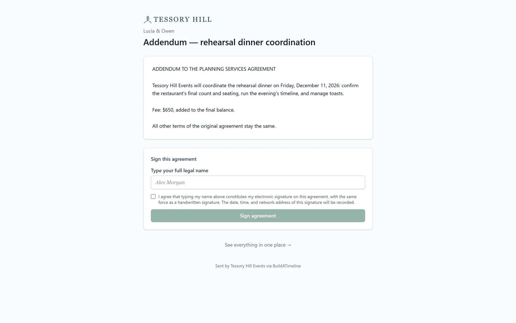 A signing page under the studio's logo: an addendum to the planning agreement, a field for the client's full legal name, and a Sign agreement button.