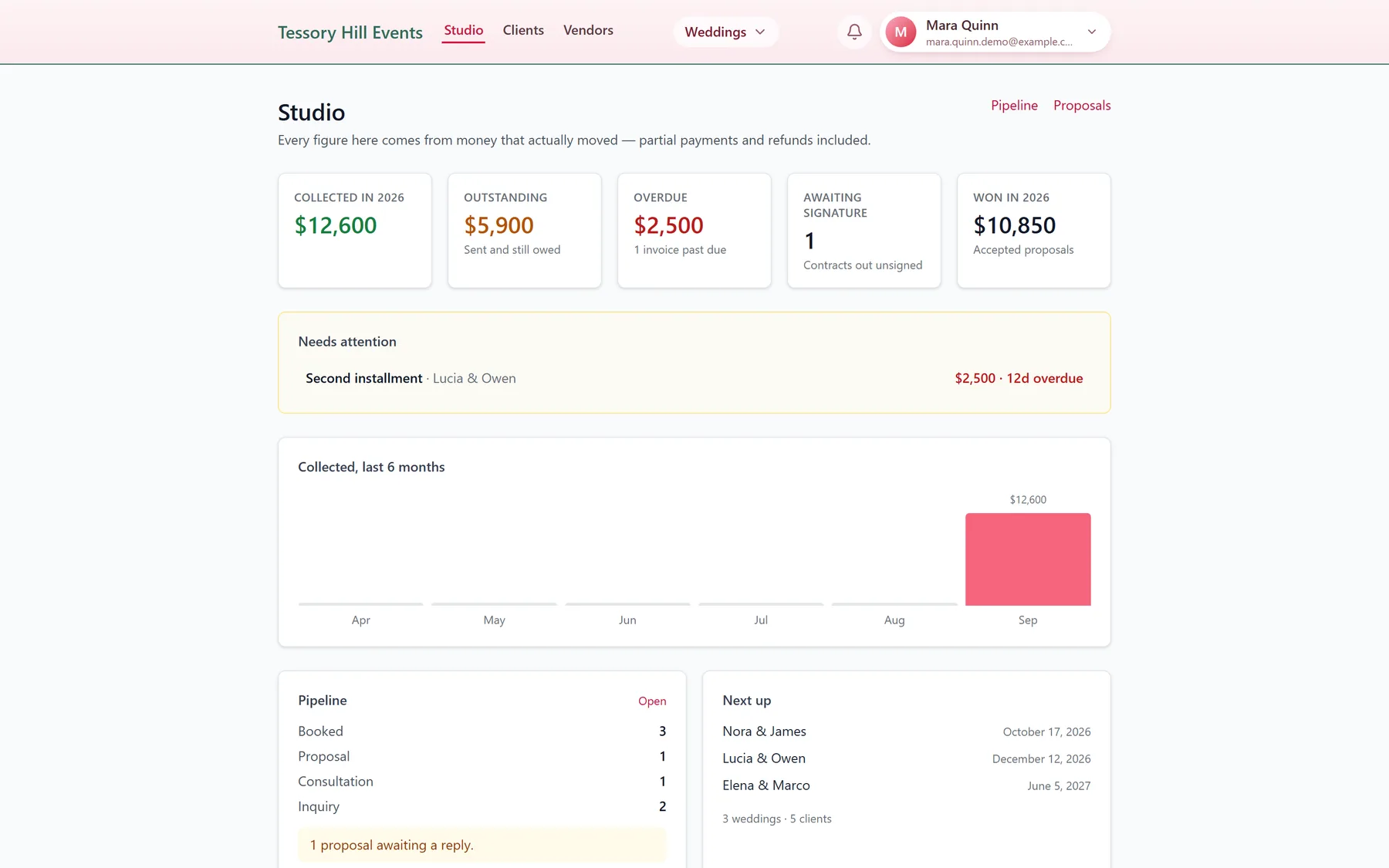 A planning studio's dashboard under the studio's own name: money collected in 2026, outstanding and overdue amounts, contracts awaiting signature, and a list of what needs attention.